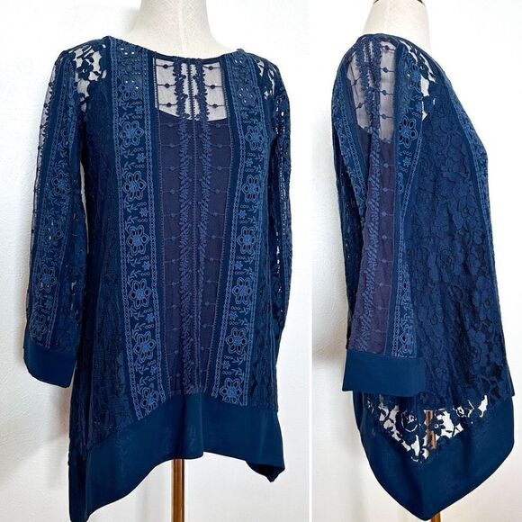 Sundance Sense of Style Navy Lace Tunic Top PXS - Picture 2 of 3